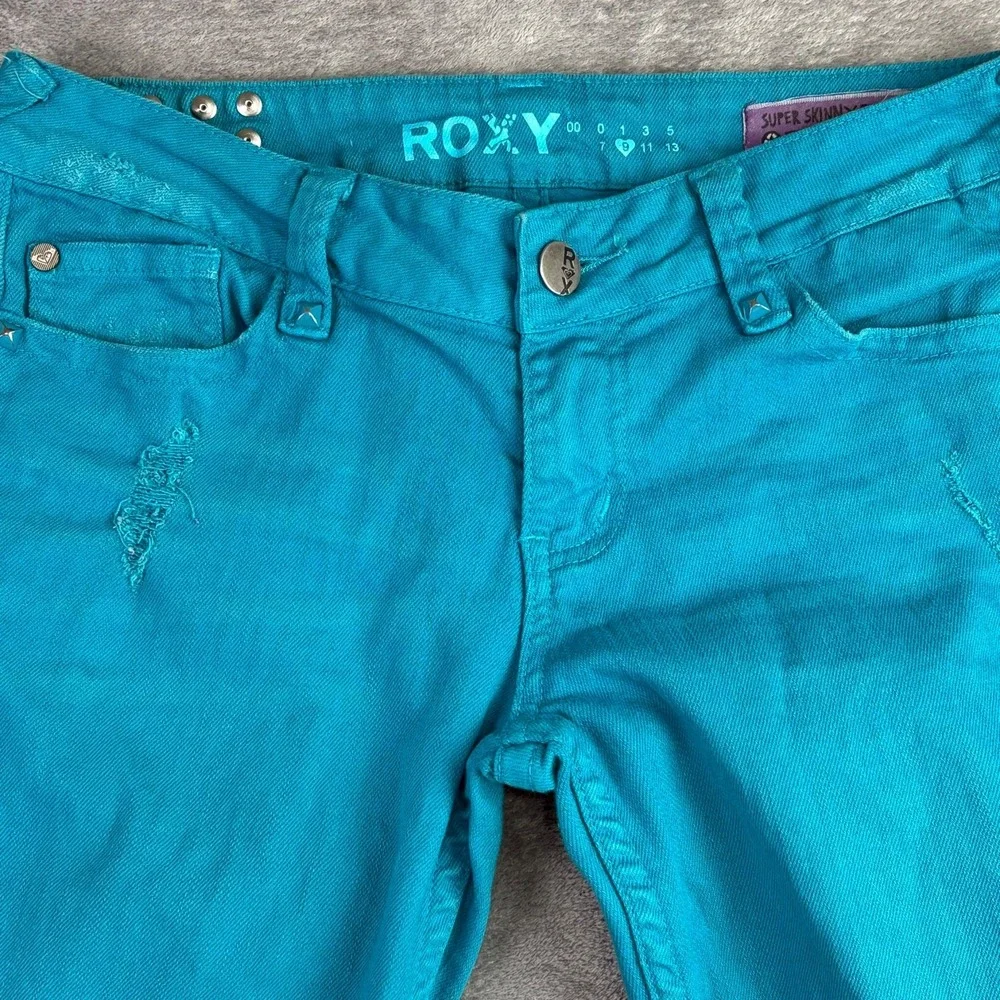 Roxy Women's 9 32x28 Super Skinny Jeans Teal Blue Distressed Retro Grunge Street